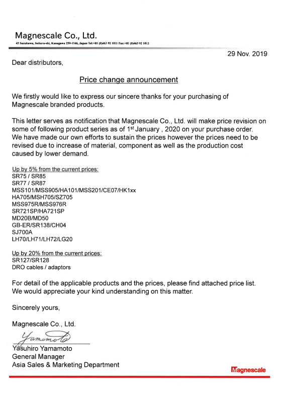 Magnescale關于最新漲價通知